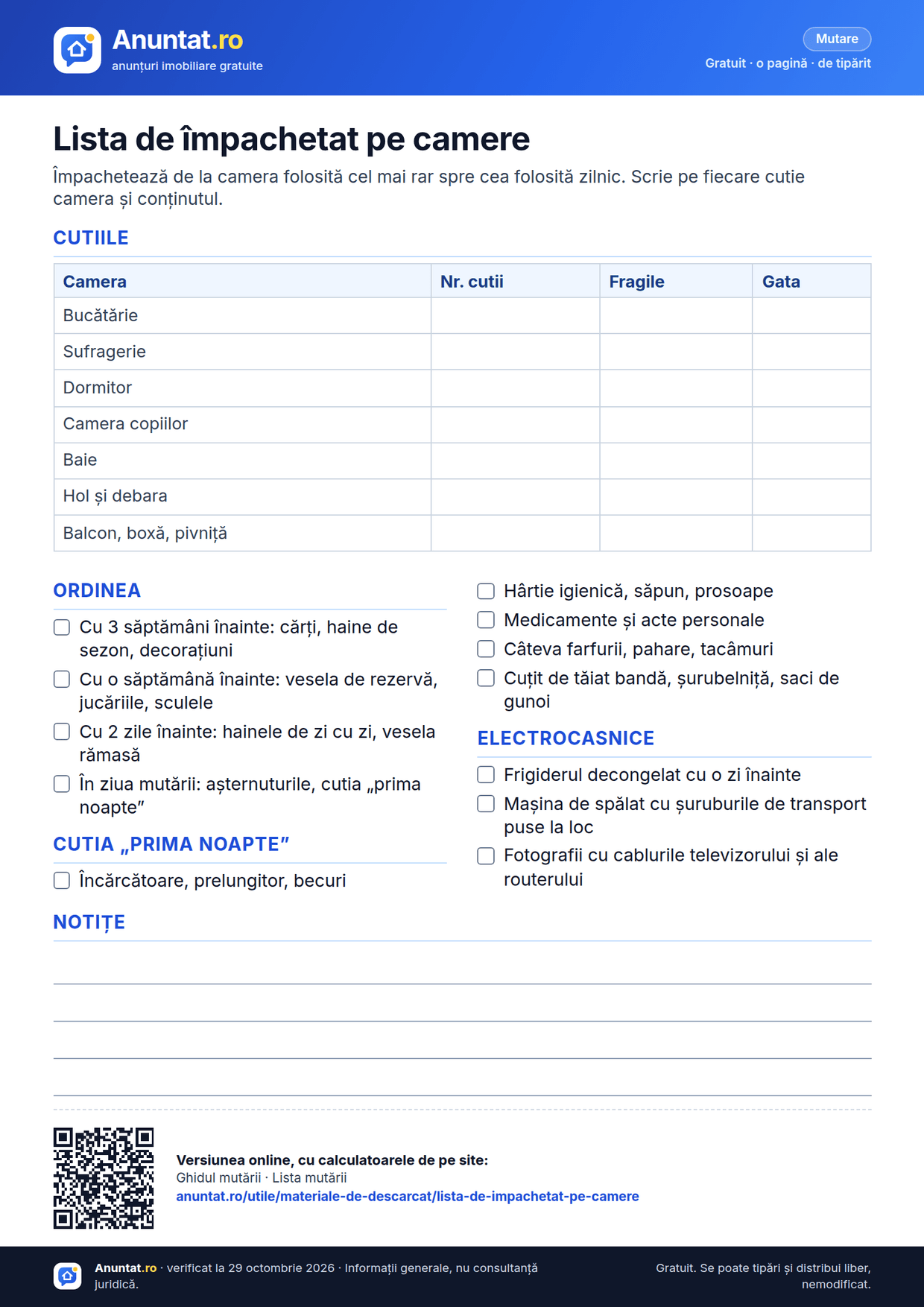 Lista de împachetat pe camere – previzualizarea foii A4 de pe Anuntat.ro