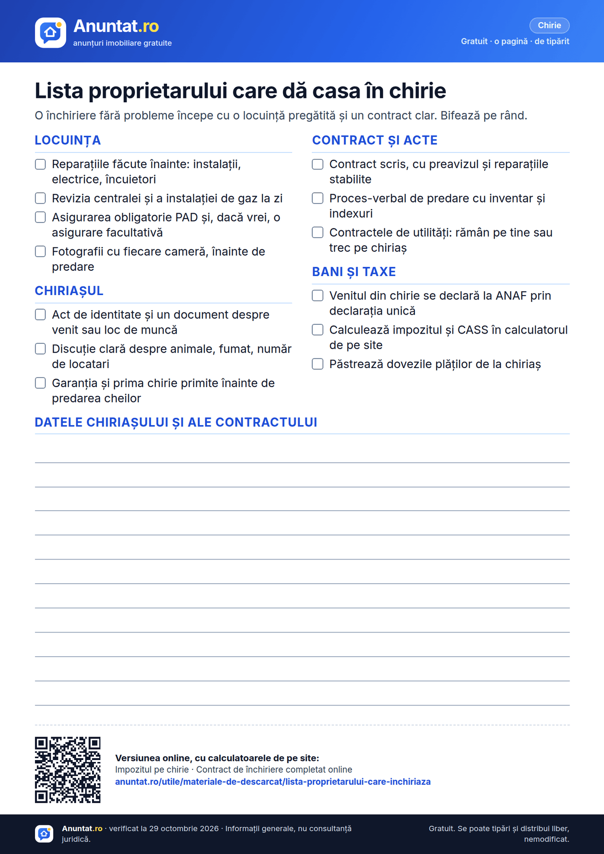 Lista proprietarului care dă casa în chirie – previzualizarea foii A4 de pe Anuntat.ro