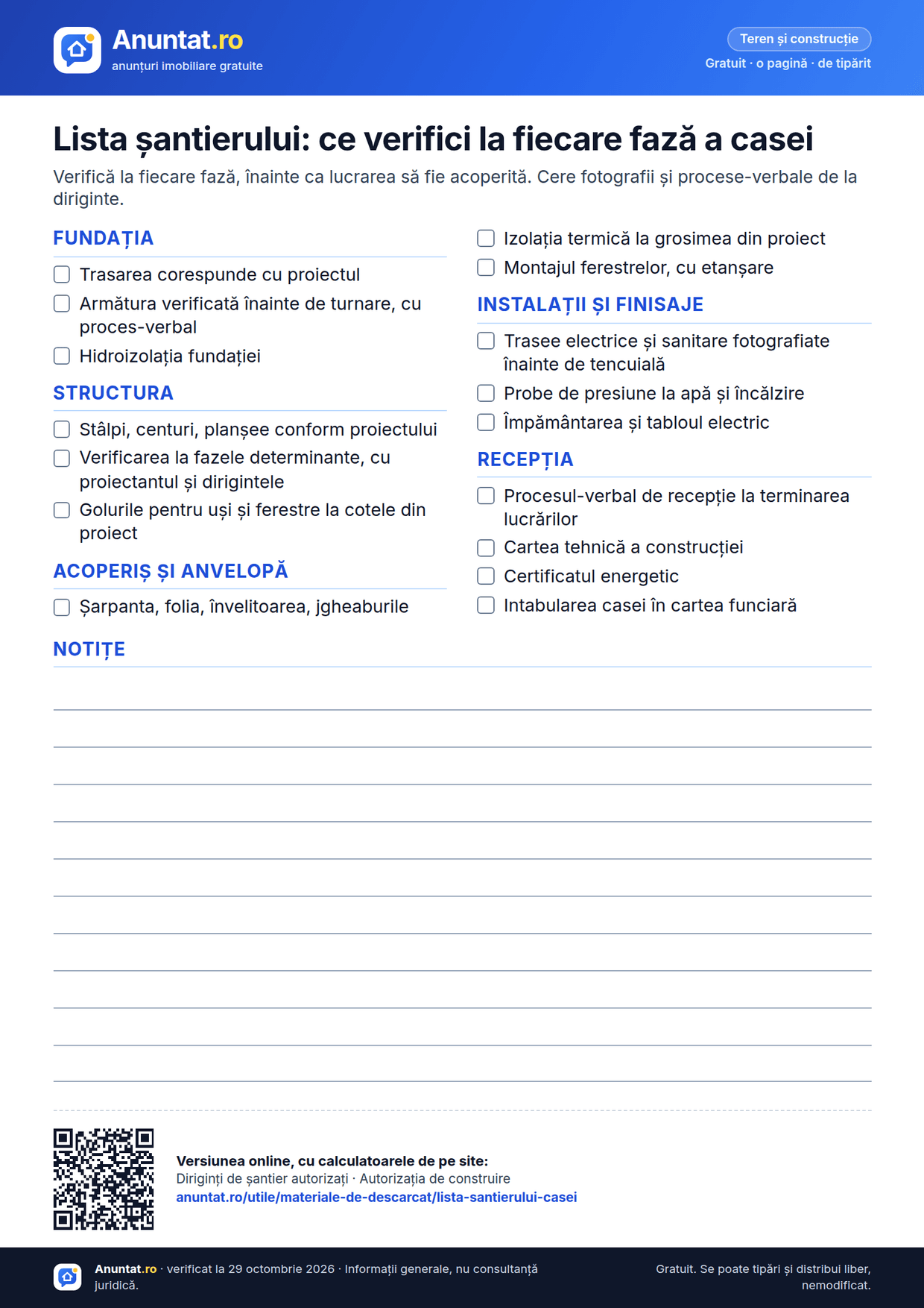 Lista șantierului: ce verifici la fiecare fază a casei – previzualizarea foii A4 de pe Anuntat.ro