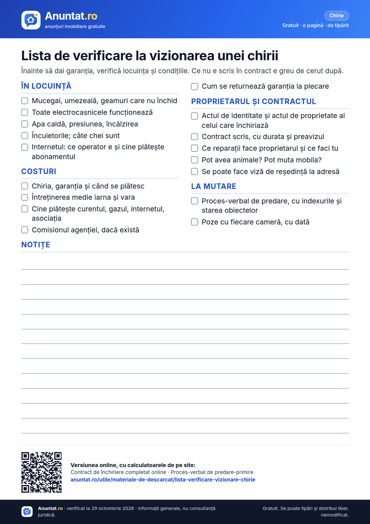 Lista de verificare la vizionarea unei chirii – previzualizarea foii A4 de pe Anuntat.ro