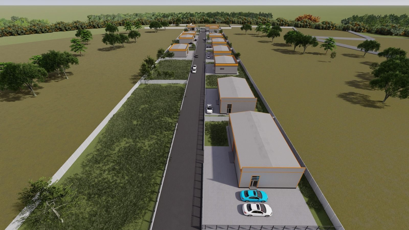 Randare 3D: proiectul 1 văzut de sus, cu hale pe ambele părți ale drumului de acces